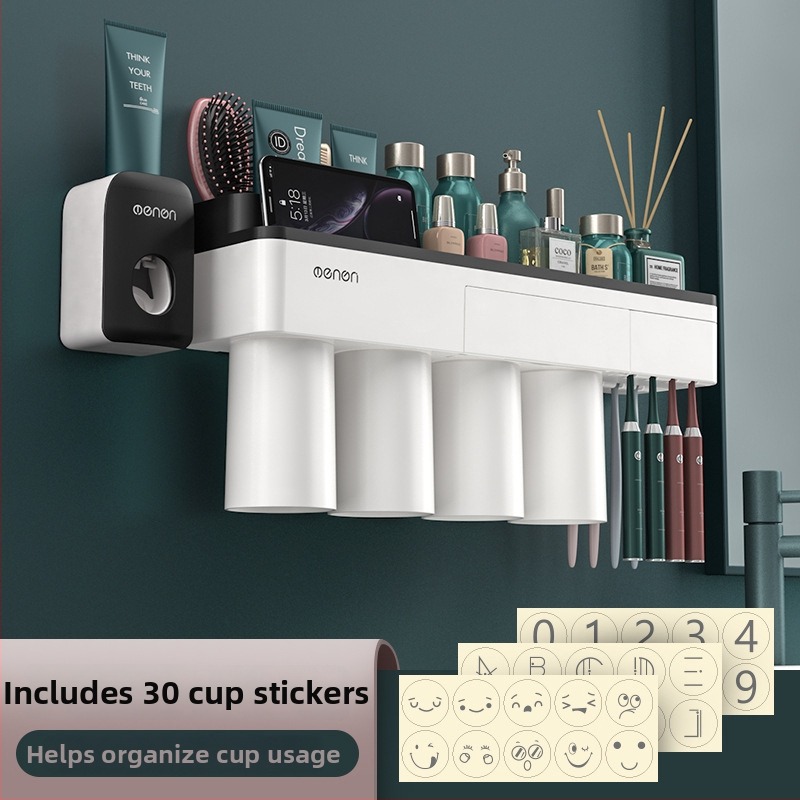 Moni držiak na zubné kefky so sacou, 6 priehradok, pumpa na pastu, plastový