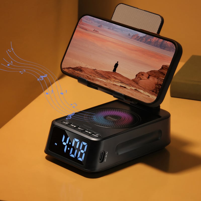 F20 Držač za telefon s Bluetooth zvučnikom i satom, tri u jedan (Ugrađena baterija 500–800 mAh, Bluetooth, 2 zvučnika, domet 10 m, IPX3)