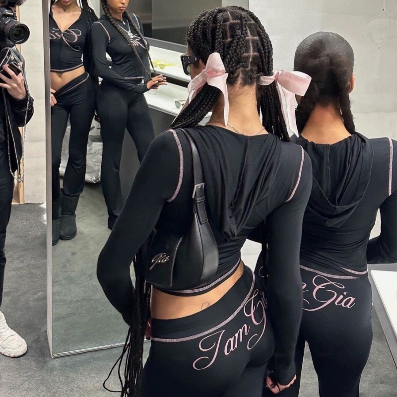 Set din două piese: hanorac cu imprimeu de litere și pantaloni, stil stradal Y2K retro, Milk Silk, Polyester + Spandex