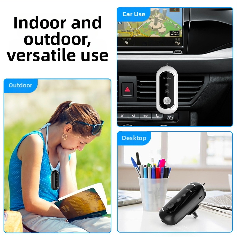 Purificator de aer cu ioni negativi pentru mașină, alimentare USB, design portabil pentru gât/stol, elimină mirosurile și formaldehida, dezinfectează și sterilizează, filtrează PM2.5 și polenul, zgomot 36–45 dB, flux de aer 51–150 m3/h, potrivit pentru spa