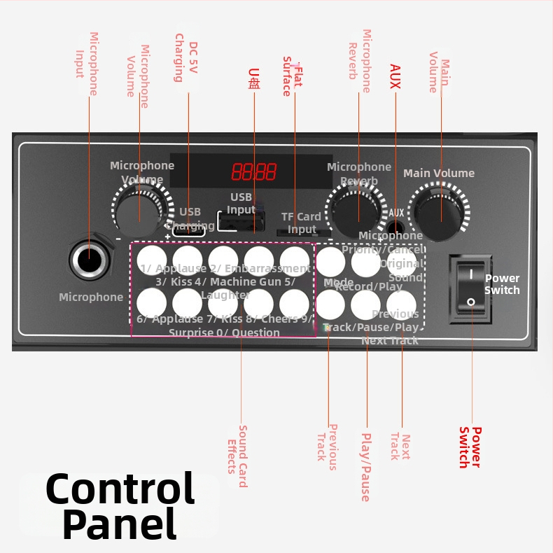 Bluetooth karaoke zvučnik s integriranom baterijom i LED svjetlima, 20W, Bluetooth 5.0, 100Hz-20kHz, SNR ≥85dB