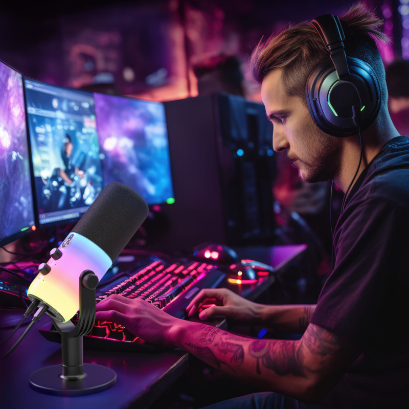 RGB dinamički mikrofon za računalo sa dvostranim sučeljem XLR/USB za snimanje, igranje i prijenos uživo