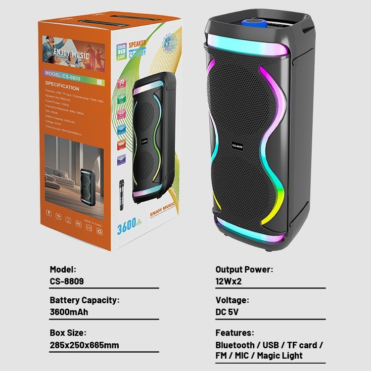 Boxă Bluetooth outdoor, putere înaltă, baterie încorporată, 24W total, Bluetooth 5.2, baterie 2000–4000mAh, 40 Hz–20 kHz, iluminare RGB