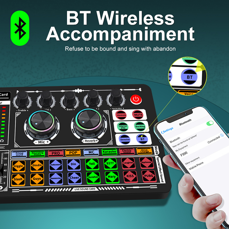 F999 Egybenes élő közvetítéshez és karaoke felvételhez PC-hez — Bluetooth 5.3, beépített 800–1000 mAh akkumulátor, üzemidő 8–12 óra, frekvencia-tartomány 20 Hz–20 kHz, SNR ≥60 dB