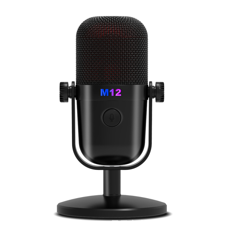 M12 USB kondenzatorski mikrofon s disk bazom, RGB gradijentno osvjetljenje, uklanjanje šuma za snimanje i live streaming, 30 Hz–15 kHz, SNR ≥70 dB