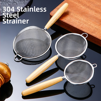 304 rozsdamentes acélból készült lisztszitáló, fa nyéllel – többszűrős kanál szójatejhez, gyümölcsléhez és tea üledékekhez