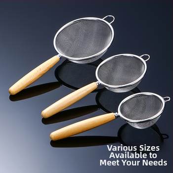 304 rozsdamentes acélból készült lisztszitáló, fa nyéllel – többszűrős kanál szójatejhez, gyümölcsléhez és tea üledékekhez