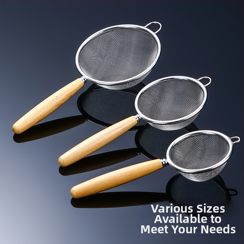 304 rozsdamentes acélból készült lisztszitáló, fa nyéllel – többszűrős kanál szójatejhez, gyümölcsléhez és tea üledékekhez