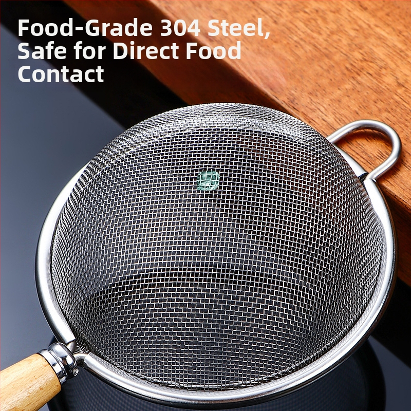 304 rozsdamentes acélból készült lisztszitáló, fa nyéllel – többszűrős kanál szójatejhez, gyümölcsléhez és tea üledékekhez