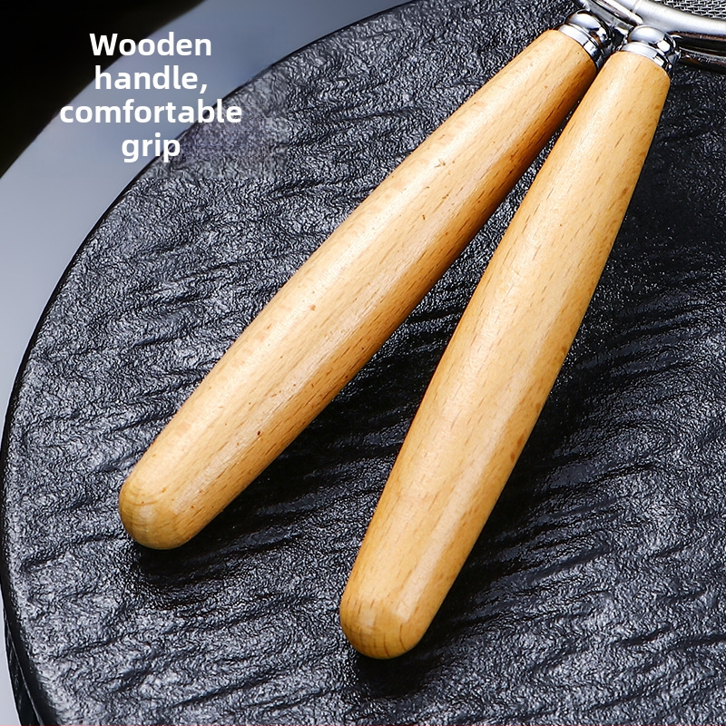 304 rozsdamentes acélból készült lisztszitáló, fa nyéllel – többszűrős kanál szójatejhez, gyümölcsléhez és tea üledékekhez