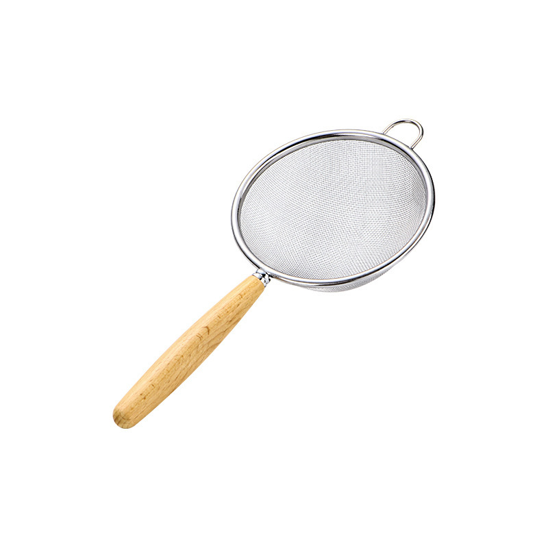 304 rozsdamentes acélból készült lisztszitáló, fa nyéllel – többszűrős kanál szójatejhez, gyümölcsléhez és tea üledékekhez