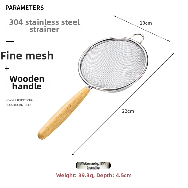 304 rozsdamentes acélból készült lisztszitáló, fa nyéllel – többszűrős kanál szójatejhez, gyümölcsléhez és tea üledékekhez
