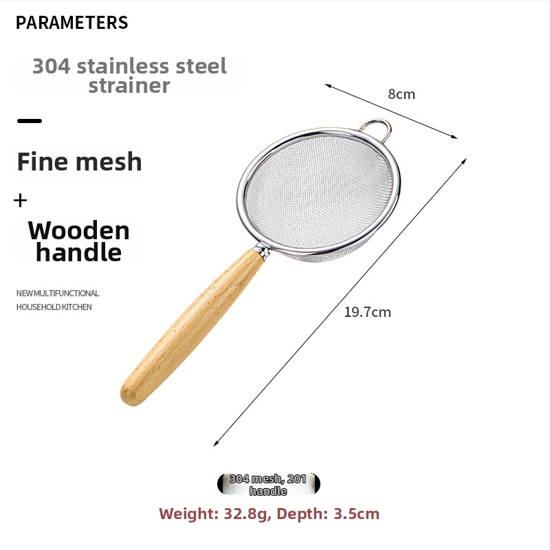 304 rozsdamentes acélból készült lisztszitáló, fa nyéllel – többszűrős kanál szójatejhez, gyümölcsléhez és tea üledékekhez