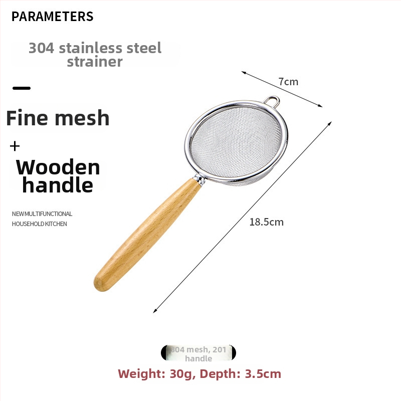 304 rozsdamentes acélból készült lisztszitáló, fa nyéllel – többszűrős kanál szójatejhez, gyümölcsléhez és tea üledékekhez