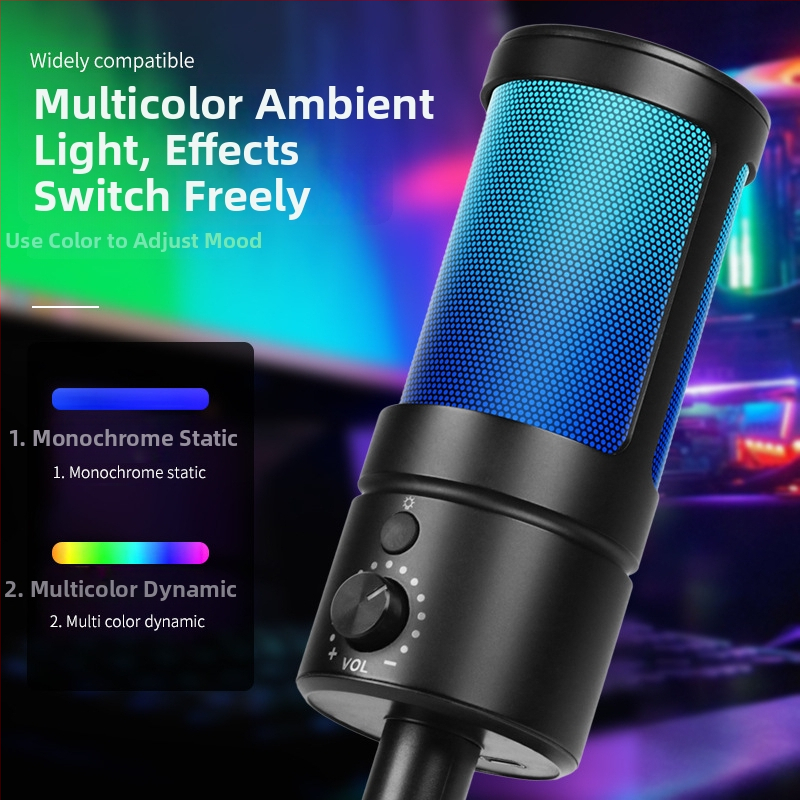 USB kondenzátorový mikrofón pre stolný počítač s RGB ambientným osvetlením, rozsah frekvencií 100 Hz–20 kHz, SNR ≥70 dB