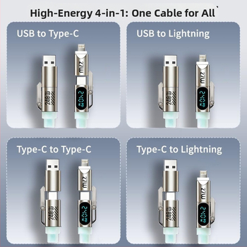 Καλώδιο δεδομένων τεσσάρων σε ένα από υγρή σιλικόνη με ψηφιακή οθόνη και φωτισμό αναπνοής, PD γρήγορη φόρτιση, μέγ. 240W, Lightning και USB-C, μήκος 1-2 m