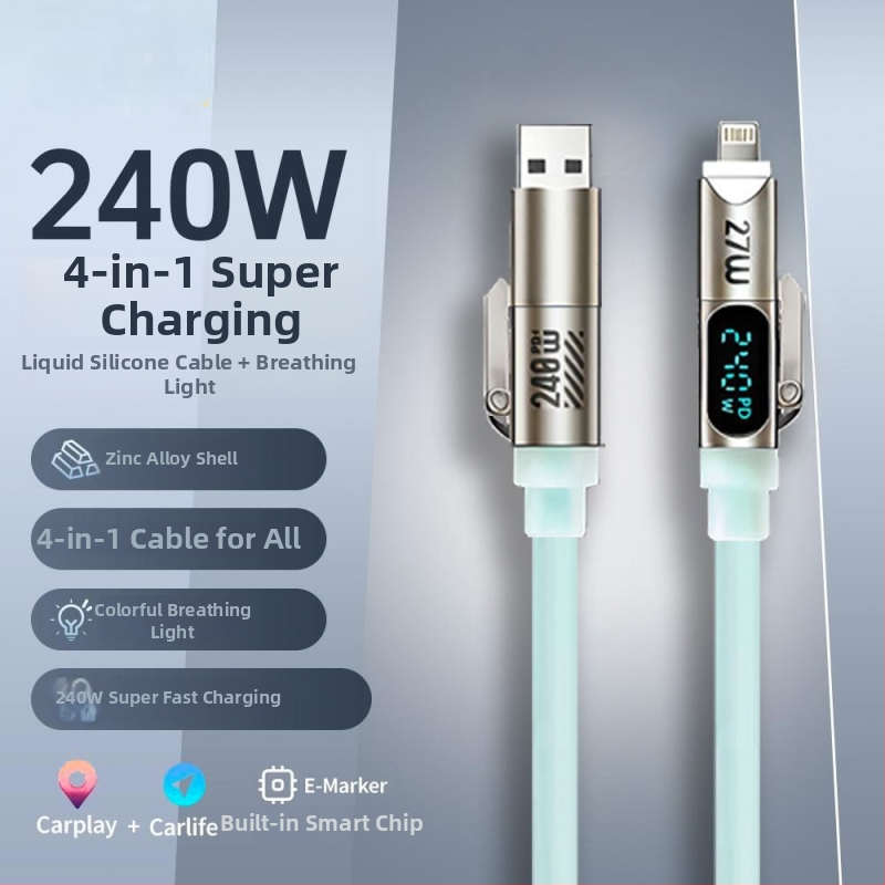 Καλώδιο δεδομένων τεσσάρων σε ένα από υγρή σιλικόνη με ψηφιακή οθόνη και φωτισμό αναπνοής, PD γρήγορη φόρτιση, μέγ. 240W, Lightning και USB-C, μήκος 1-2 m
