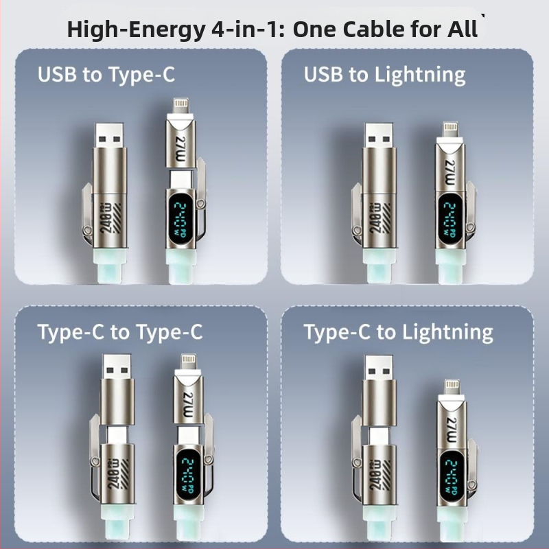 Καλώδιο δεδομένων τεσσάρων σε ένα από υγρή σιλικόνη με ψηφιακή οθόνη και φωτισμό αναπνοής, PD γρήγορη φόρτιση, μέγ. 240W, Lightning και USB-C, μήκος 1-2 m