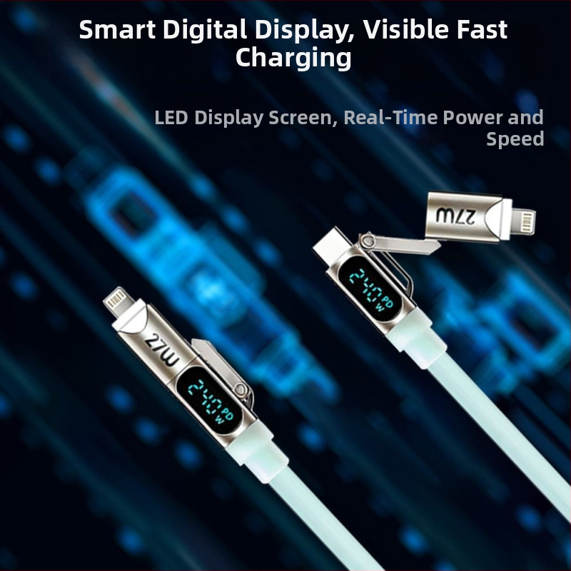 Καλώδιο δεδομένων τεσσάρων σε ένα από υγρή σιλικόνη με ψηφιακή οθόνη και φωτισμό αναπνοής, PD γρήγορη φόρτιση, μέγ. 240W, Lightning και USB-C, μήκος 1-2 m