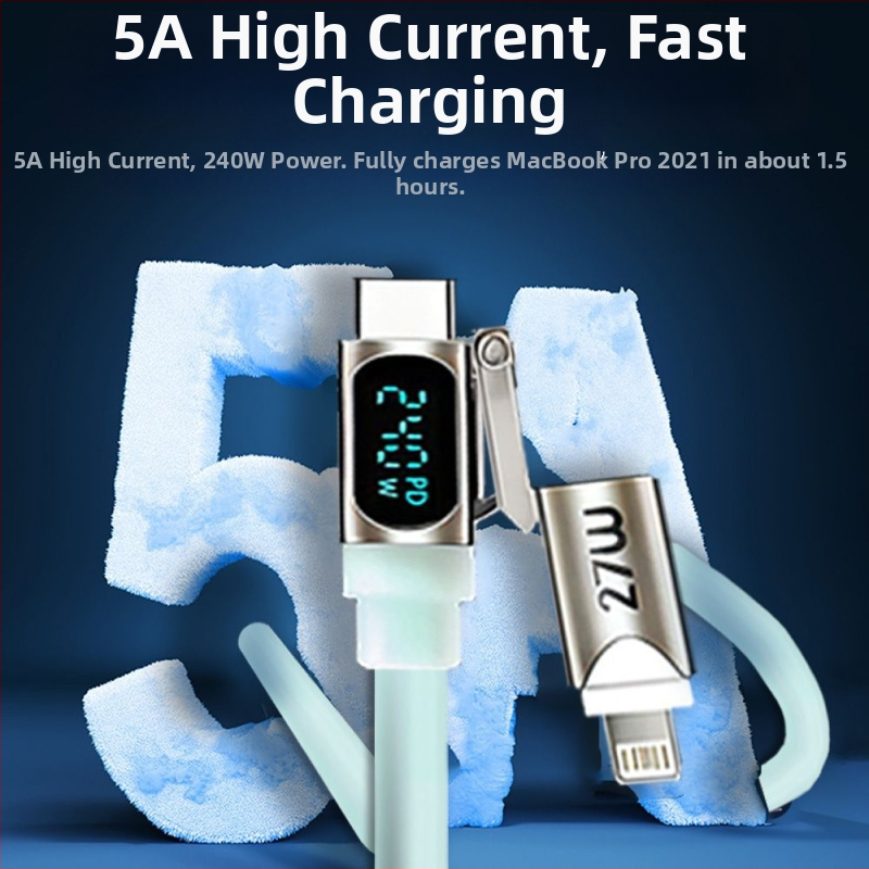 Καλώδιο δεδομένων τεσσάρων σε ένα από υγρή σιλικόνη με ψηφιακή οθόνη και φωτισμό αναπνοής, PD γρήγορη φόρτιση, μέγ. 240W, Lightning και USB-C, μήκος 1-2 m