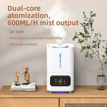 Umidificator ultrasonic cu ieșiri duble de ceață, potrivit pentru camere de 41–60 m², temporizator >8 h, funcționare silențioasă <36 dB