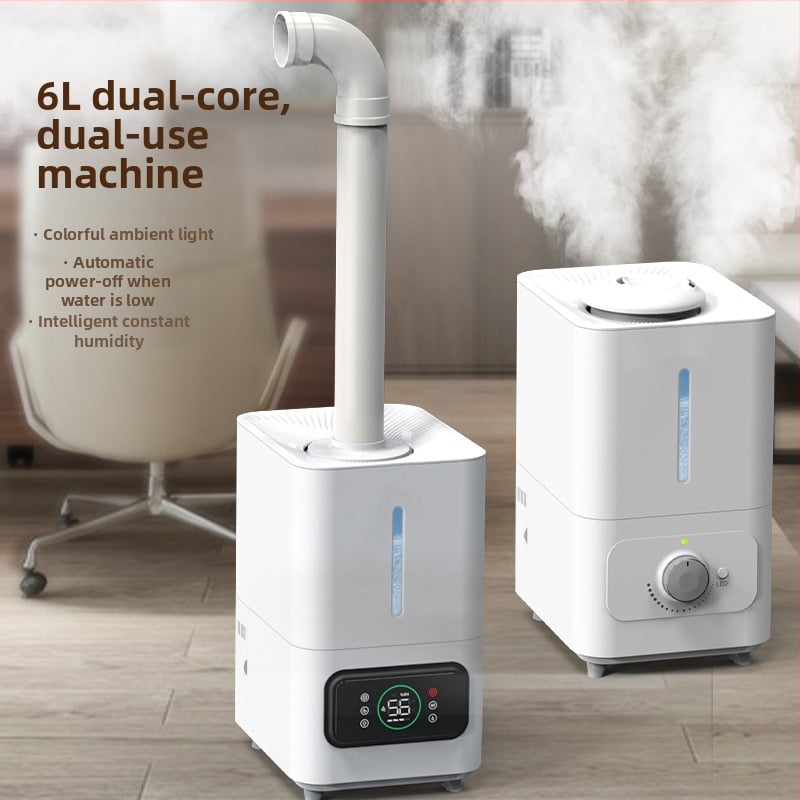 Umidificator ultrasonic cu ieșiri duble de ceață, potrivit pentru camere de 41–60 m², temporizator >8 h, funcționare silențioasă <36 dB