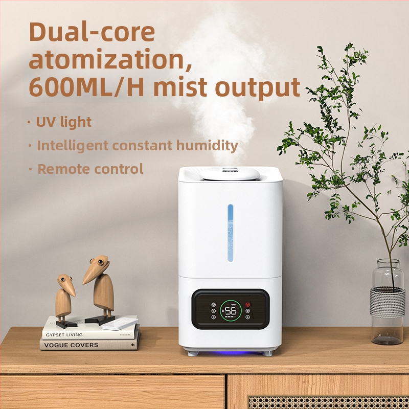 Umidificator ultrasonic cu ieșiri duble de ceață, potrivit pentru camere de 41–60 m², temporizator >8 h, funcționare silențioasă <36 dB