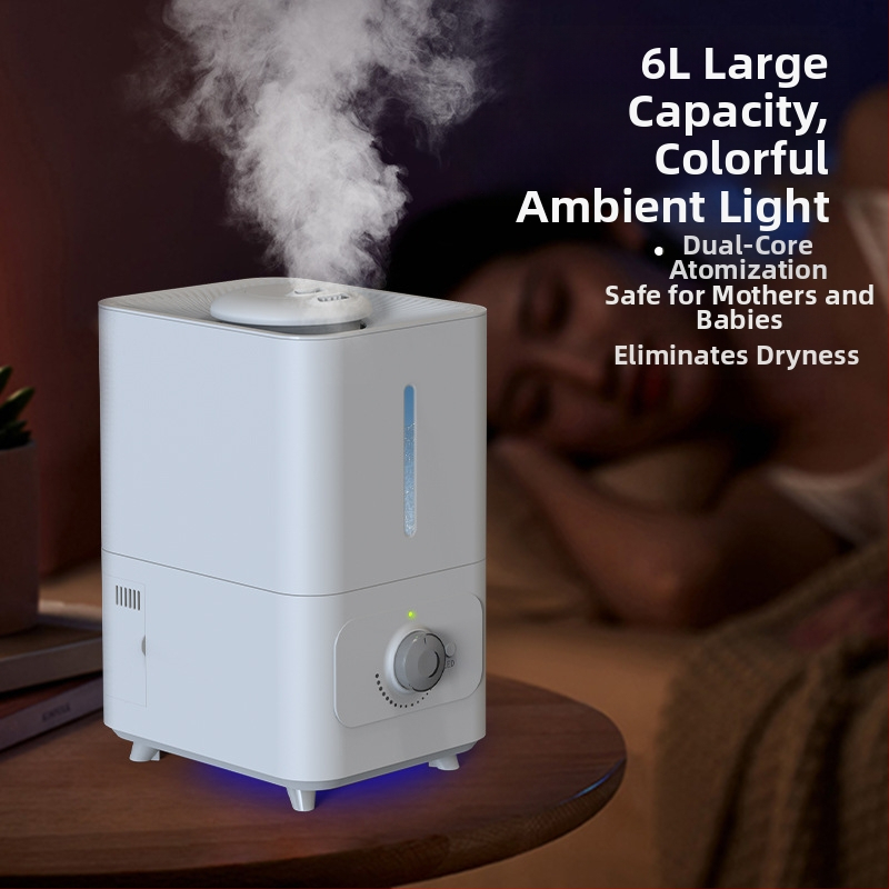 Umidificator ultrasonic cu ieșiri duble de ceață, potrivit pentru camere de 41–60 m², temporizator >8 h, funcționare silențioasă <36 dB