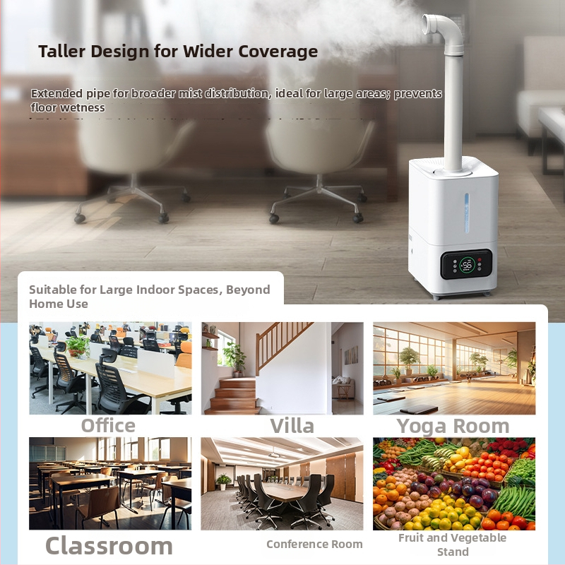 Umidificator ultrasonic cu ieșiri duble de ceață, potrivit pentru camere de 41–60 m², temporizator >8 h, funcționare silențioasă <36 dB