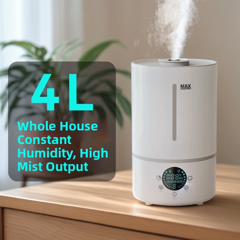 Umidificator ultrasonic pentru casă, rezervor mare de 4.1-6 L, potrivit pentru 21-30 m², telecomandă cu temporizator >8 ore, zgomot 36-45 dB (Model 2503)