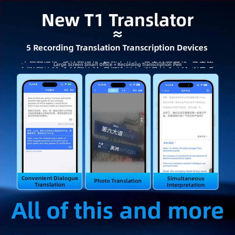 Translator fără sistem de operare; corp din aliaj de aluminiu; rază wireless 5 m; traducere între aplicații, traducere în timpul apelurilor vocale și interpretare simultană.