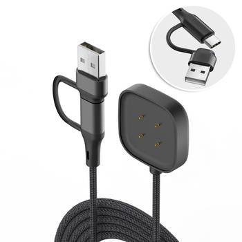 Magnetski 2-u-1 pleteni kabel za podatke i napajanje za Fitbit Versa 4/3 (USB-C) – dodatak za sat, duljina 1 m, boje: crna, srebrna, crvena