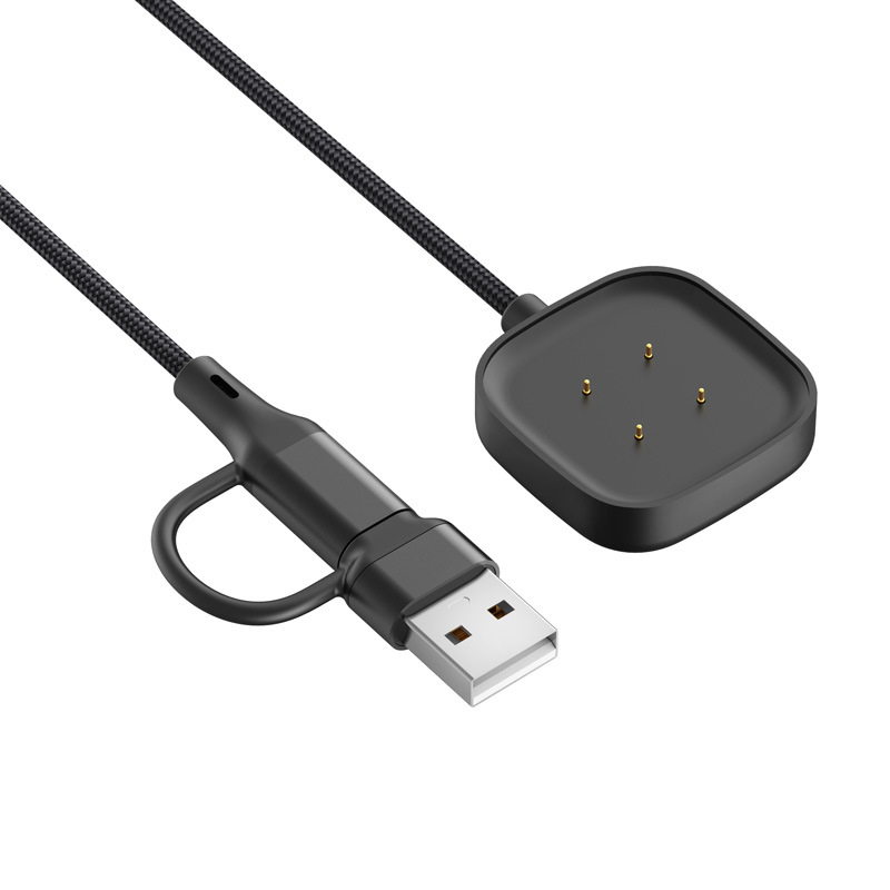 Magnetski 2-u-1 pleteni kabel za podatke i napajanje za Fitbit Versa 4/3 (USB-C) – dodatak za sat, duljina 1 m, boje: crna, srebrna, crvena