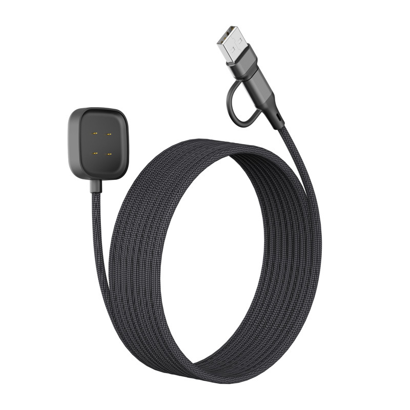 Magnetski 2-u-1 pleteni kabel za podatke i napajanje za Fitbit Versa 4/3 (USB-C) – dodatak za sat, duljina 1 m, boje: crna, srebrna, crvena