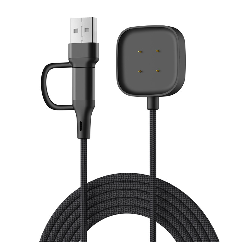 Magnetski 2-u-1 pleteni kabel za podatke i napajanje za Fitbit Versa 4/3 (USB-C) – dodatak za sat, duljina 1 m, boje: crna, srebrna, crvena