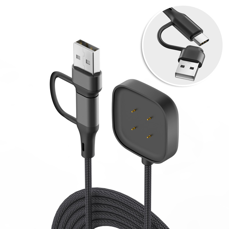 Magnetski 2-u-1 pleteni kabel za podatke i napajanje za Fitbit Versa 4/3 (USB-C) – dodatak za sat, duljina 1 m, boje: crna, srebrna, crvena