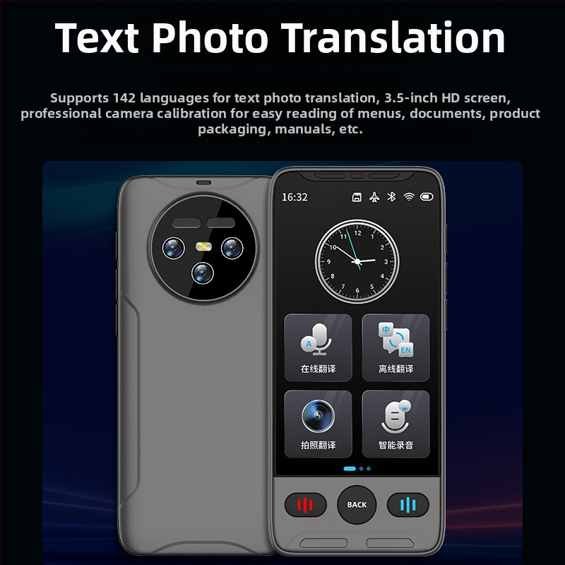 Inteligentný hlasový prekladač s veľkou obrazovkou, Android OS, Bluetooth, dosah 50 m, režimy dotykového ovládania/hlasový/natáčanie fotografií, model T02