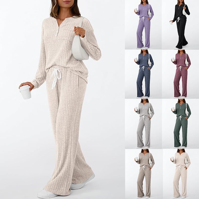 Set de pijamale pentru femei, 2 piese, Ribbed Brushed V-Neck, culoare solidă, mâneci lungi, pantaloni, toamnă 2025, amestec poliester-spandex (90-95% poliester, 5-10% spandex)
