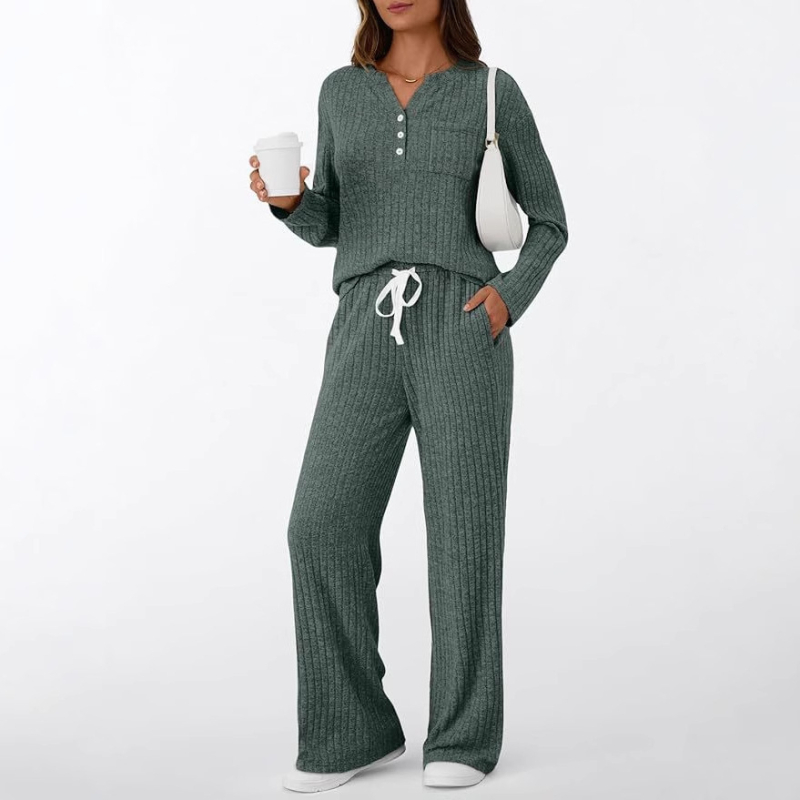 Set de pijamale pentru femei, 2 piese, Ribbed Brushed V-Neck, culoare solidă, mâneci lungi, pantaloni, toamnă 2025, amestec poliester-spandex (90-95% poliester, 5-10% spandex)