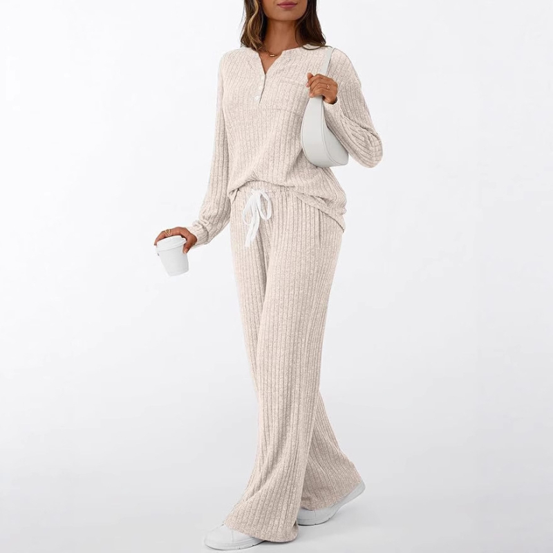 Set de pijamale pentru femei, 2 piese, Ribbed Brushed V-Neck, culoare solidă, mâneci lungi, pantaloni, toamnă 2025, amestec poliester-spandex (90-95% poliester, 5-10% spandex)