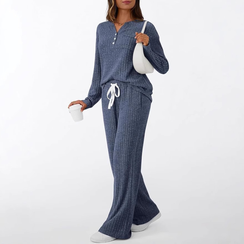 Set de pijamale pentru femei, 2 piese, Ribbed Brushed V-Neck, culoare solidă, mâneci lungi, pantaloni, toamnă 2025, amestec poliester-spandex (90-95% poliester, 5-10% spandex)