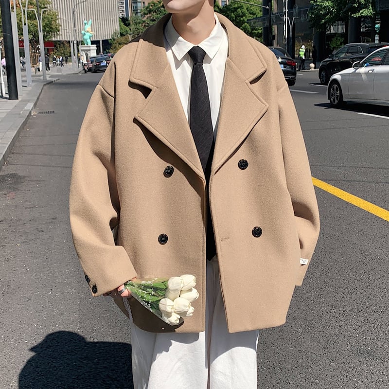 Palton Harajuku stil, cu nasturi dubli, lungime medie, guler sacou, 100% poliester