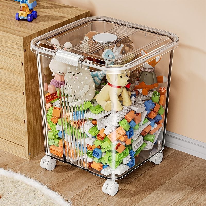 Διαφανής οικιακή θήκη αποθήκευσης, πολυπροπυλένιο πλαστικό καλάθι αποθήκευσης με χωρητικότητα 30L και ρόδες