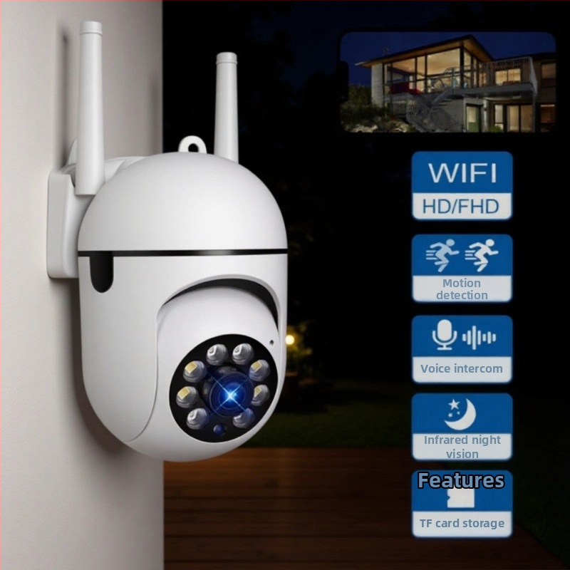 360° vezeték nélküli WiFi biztonsági kamera beltéri és kültéri használatra, 720P éjjellátás, riasztási értesítések, TF kártya foglalat