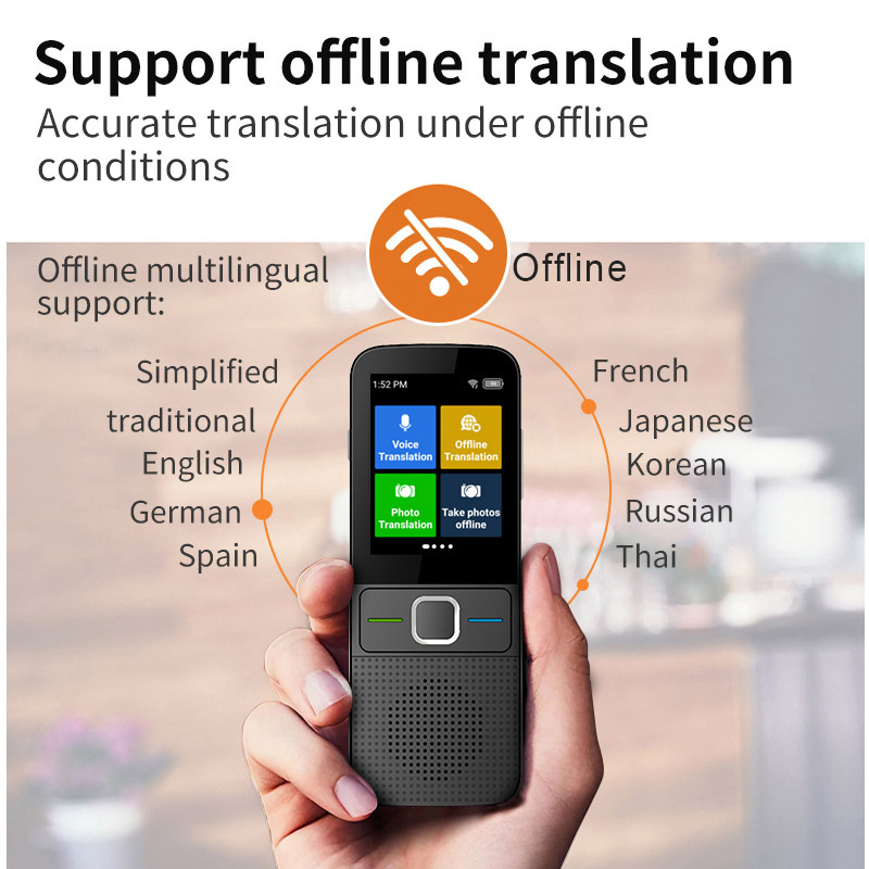 Translator offline pentru călătorii – ecran tactil, cameră 5 MP, interfață Type-C, corp ABS, greutate 125 g