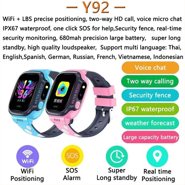 Detské telefónne hodinky Y92 - Wi-Fi lokalizácia, 1.44-inch dotykový displej, 680mAh batéria, 1.3MP kamera, hlboká vodotesnosť, na zápästí