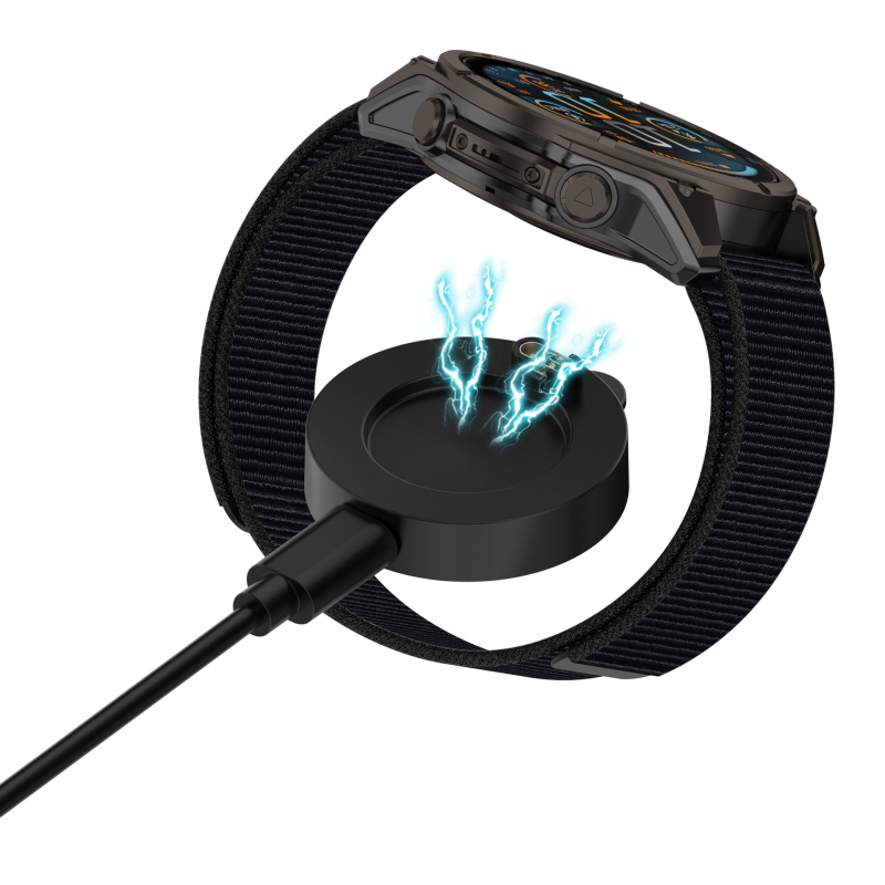 Βάση φόρτισης Garmin με στρογγυλό προσαρμογέα – για Venu X1, Quatix8, Forerunner 570/970; ειδική διεπαφή; συμβατό με ρολόγια Garmin; βάρος συνολικά 27 g (βάση 8,7 g)