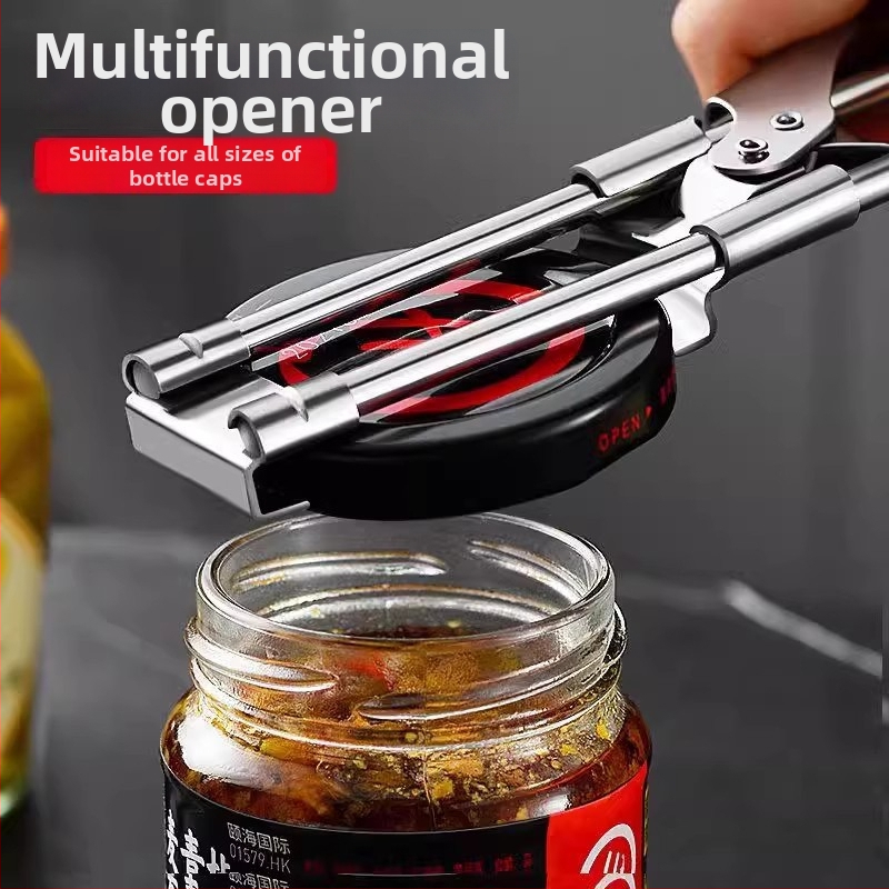 Nerezový multifunkčný prenášateľný otvárač na konzervy, poháre a uzávery fľaší s vysúvacím mechanizmom
