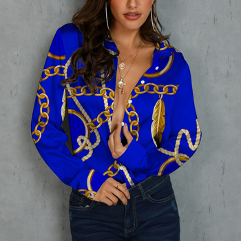 Bluza de damă cu mânecă lungă, nasturi pe un rând, guler rever, model lanț, croială lejeră, poliester 70–80%