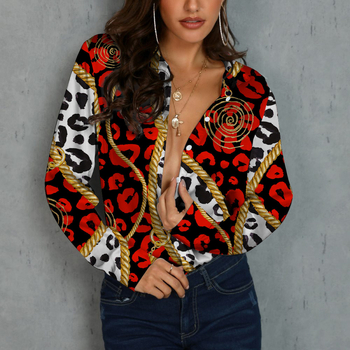 Bluza de damă cu mânecă lungă, nasturi pe un rând, guler rever, model lanț, croială lejeră, poliester 70–80%